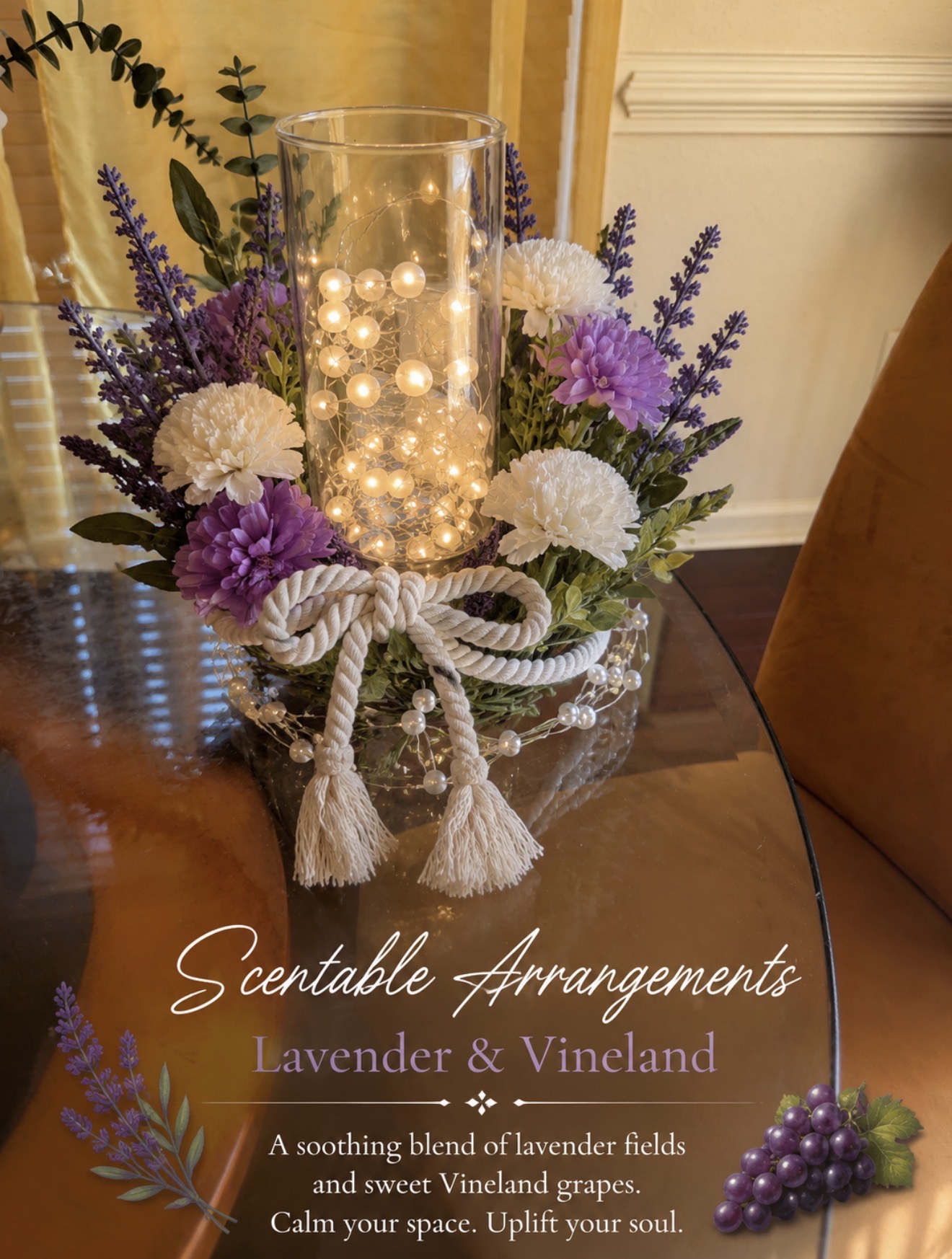 Lavender and Vineland illuminated botanical arrangement